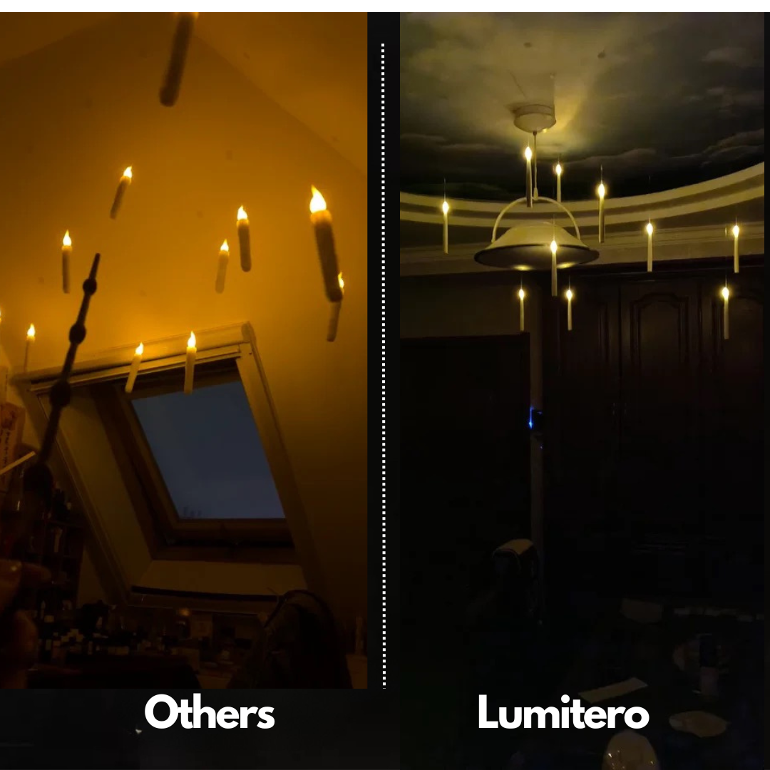 Lumitero vs others comparison of Harry Potter floating candles hanging straight and bright.
