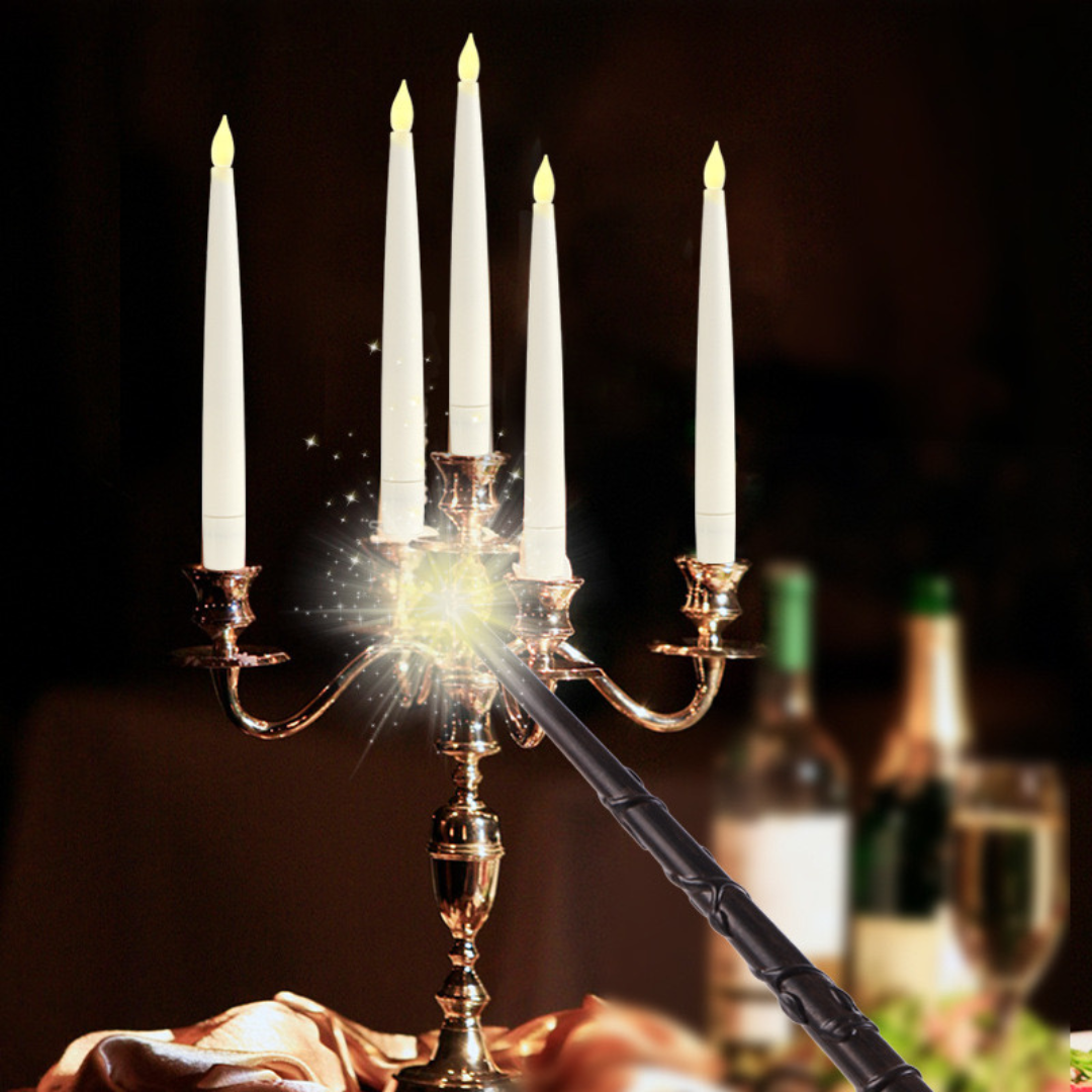 Harry Potter floating candles controlled with magic wand, glowing like floating Halloween candles