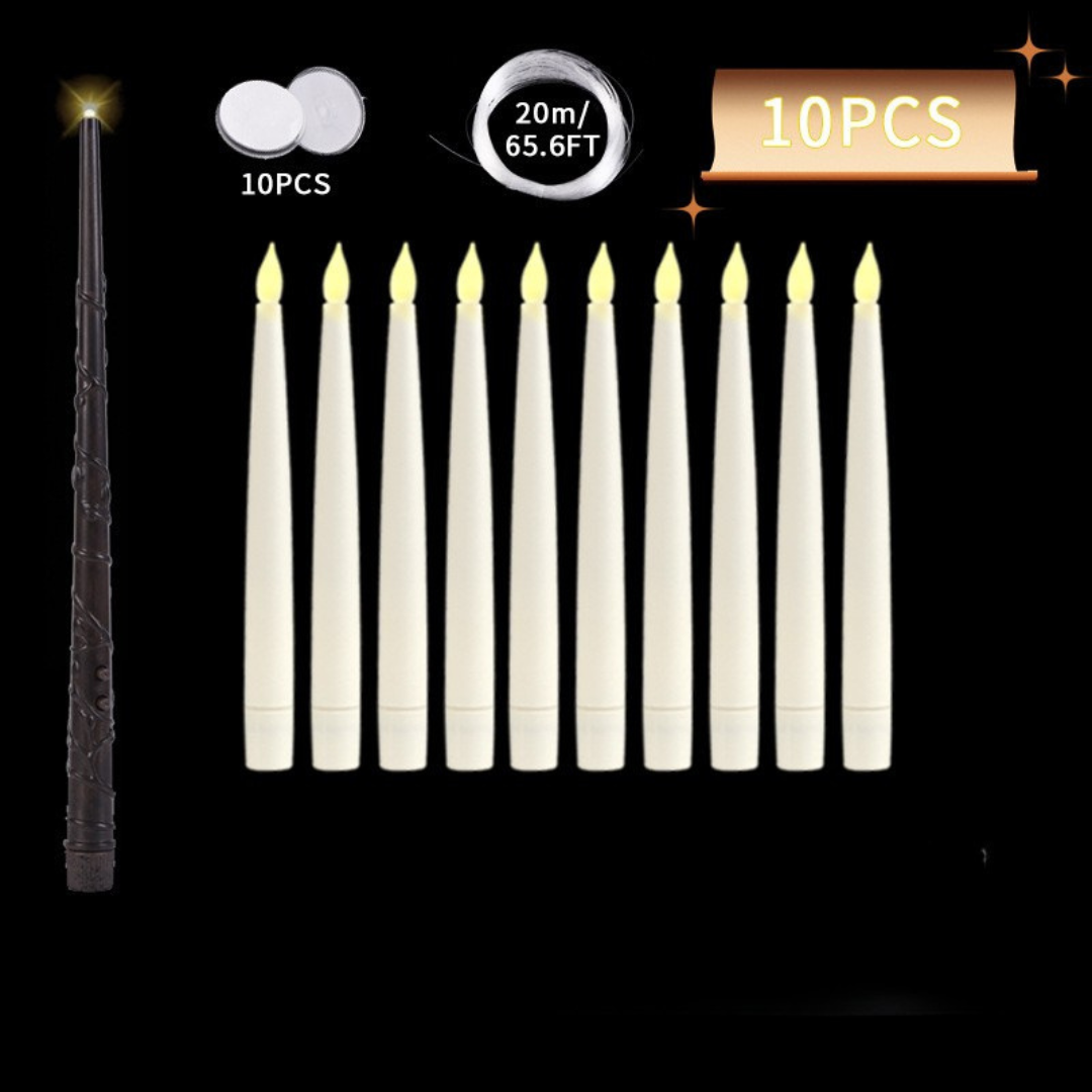 10PCS Harry Potter floating candle set with wand, batteries, and hanging string.