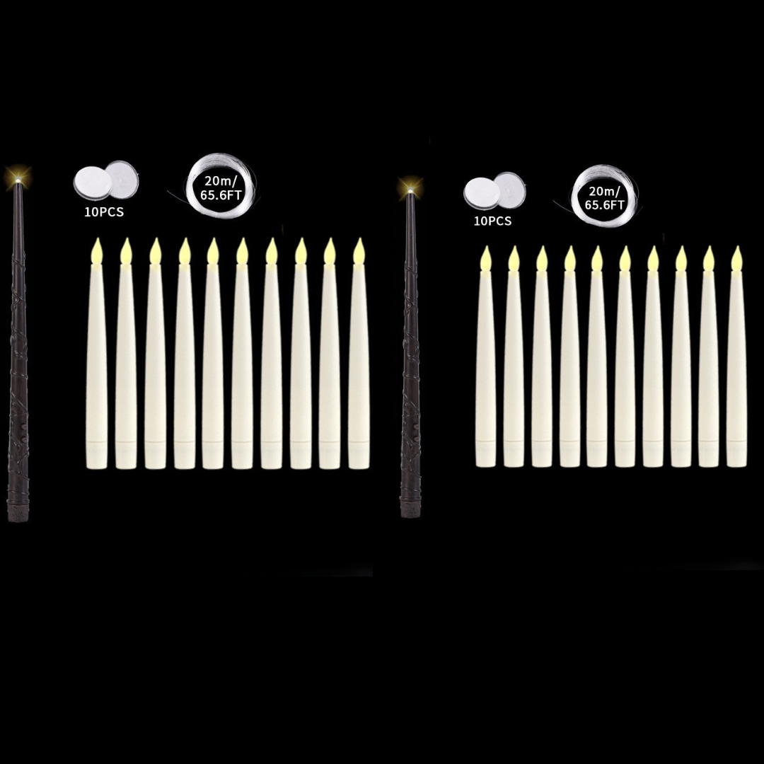 Lumitero 10PCS Harry Potter floating candle sets with wand, batteries, and 20m string.