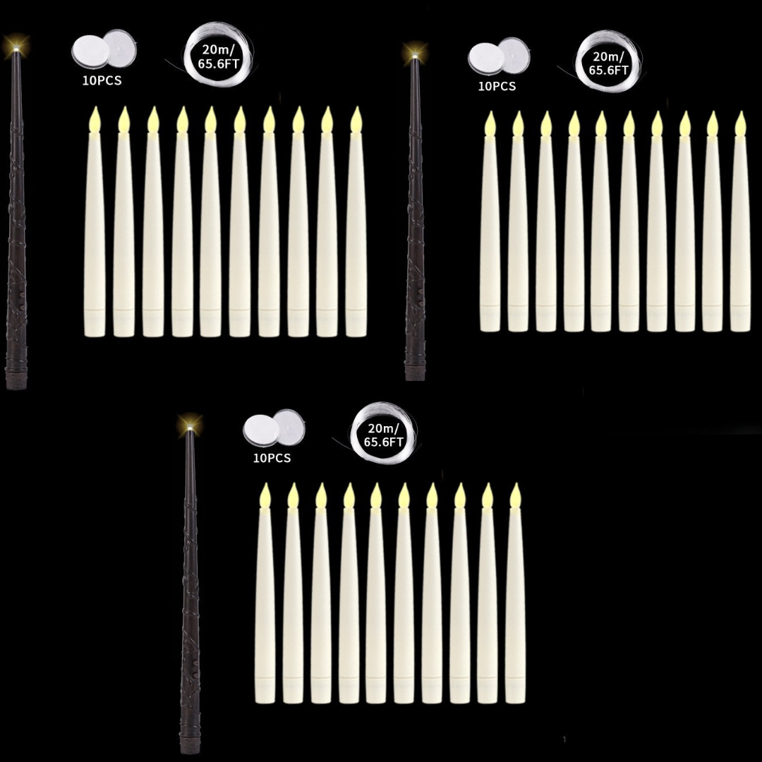 Set of Lumitero Harry Potter floating candles with wand, batteries, and hanging string