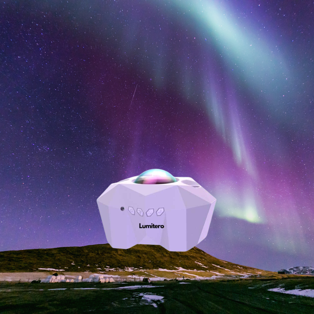 Aurora lamp projecting colorful ambient light patterns, an ambiance lamp designed to create a relaxing and atmospheric room setting