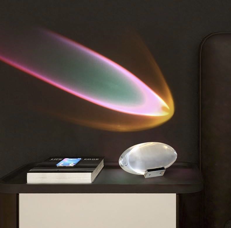 Aurora sunset lamp displaying colourful gradient lighting on bedroom wall.